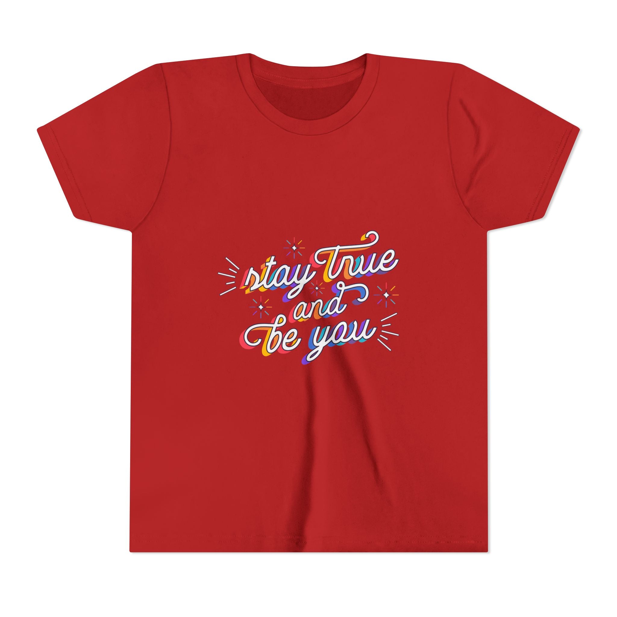 Youth Tee — "Stay True and Be You" Rainbow Script Kids T-Shirt