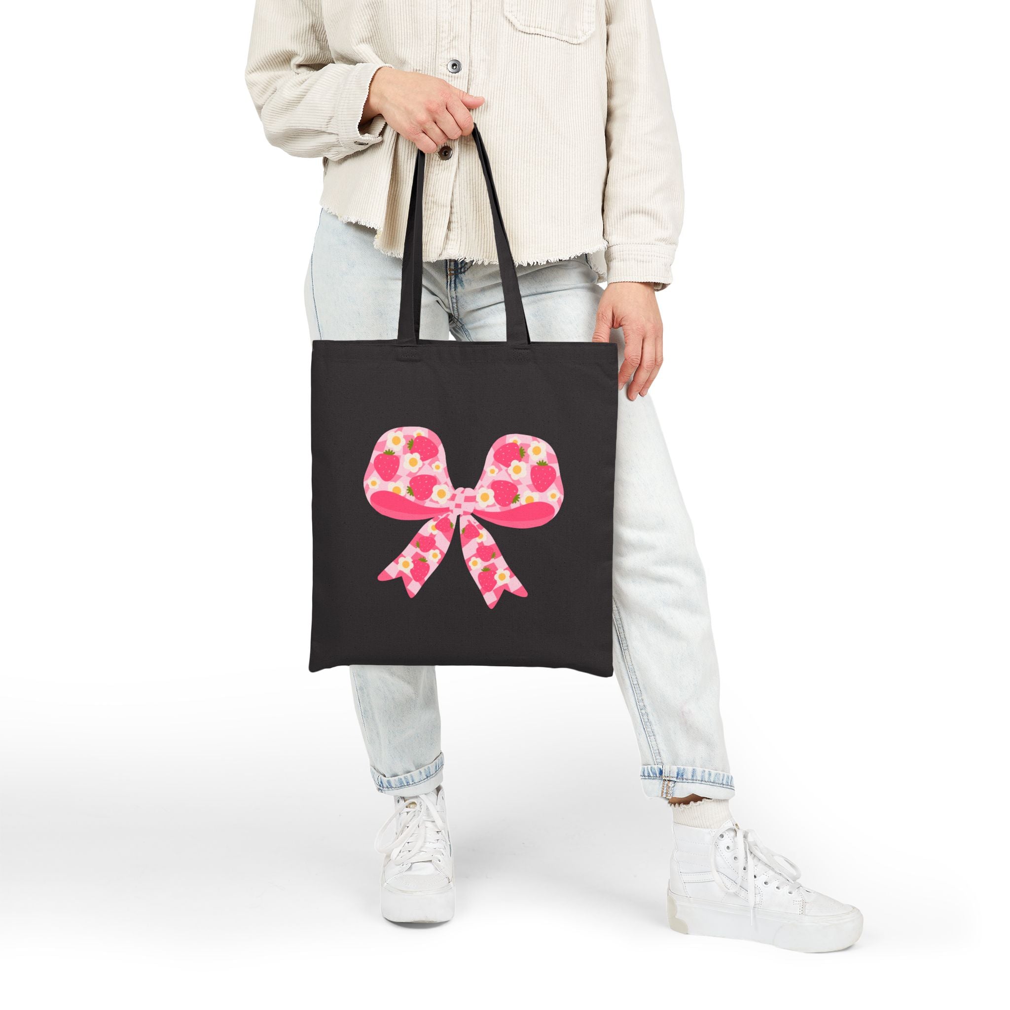 Floral Strawberry Bow Canvas Tote — Pink Flower Ribbon Strawberries