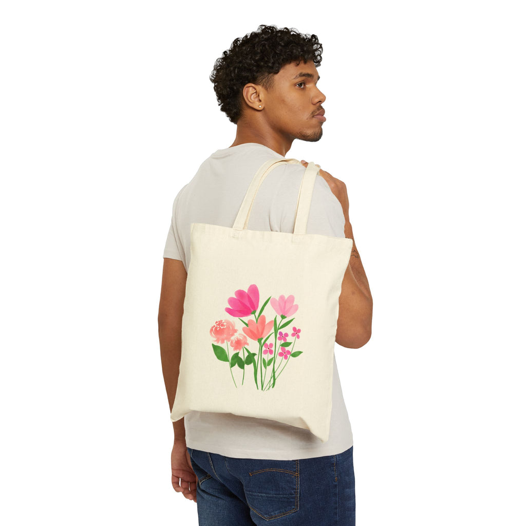 Floral Bouquet Canvas Tote Bag — Pink Watercolor Flowers Reusable Grocery Tote