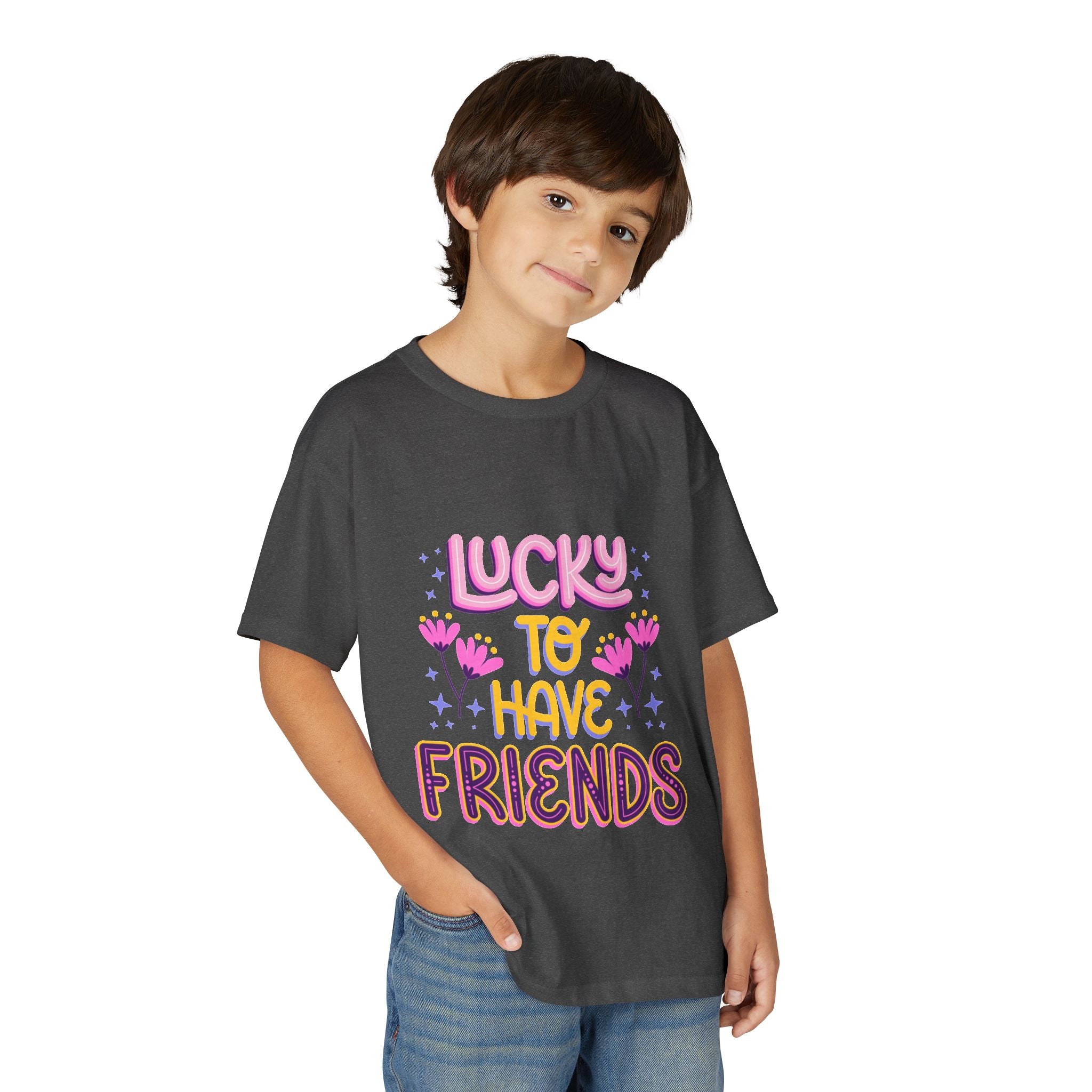 Youth T-Shirt — "Lucky to Have Friends" Cute Floral Friendship Tee