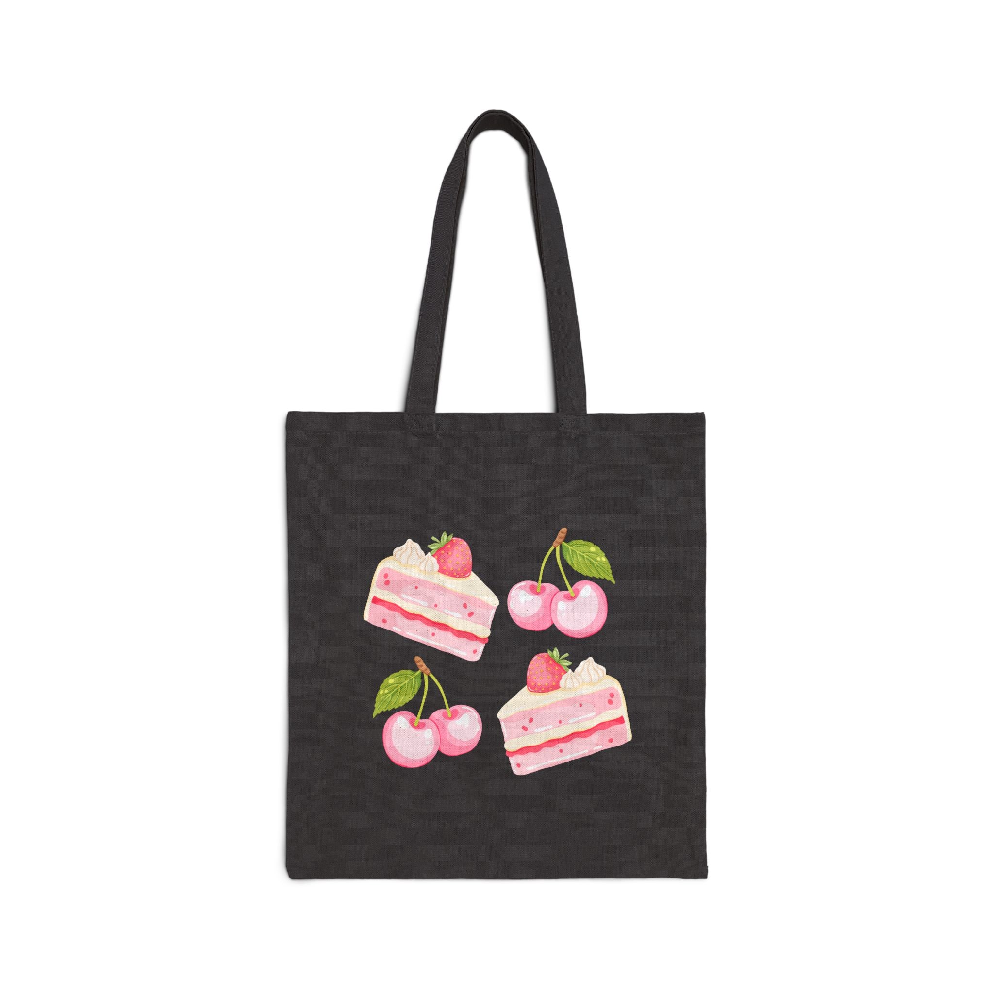 Strawberry Cherry Cake Canvas Tote Bag — Cute Dessert Grocery Tote