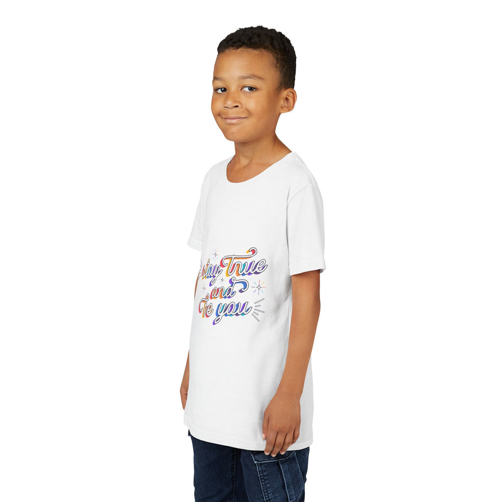 Youth Tee — "Stay True and Be You" Rainbow Script Kids T-Shirt