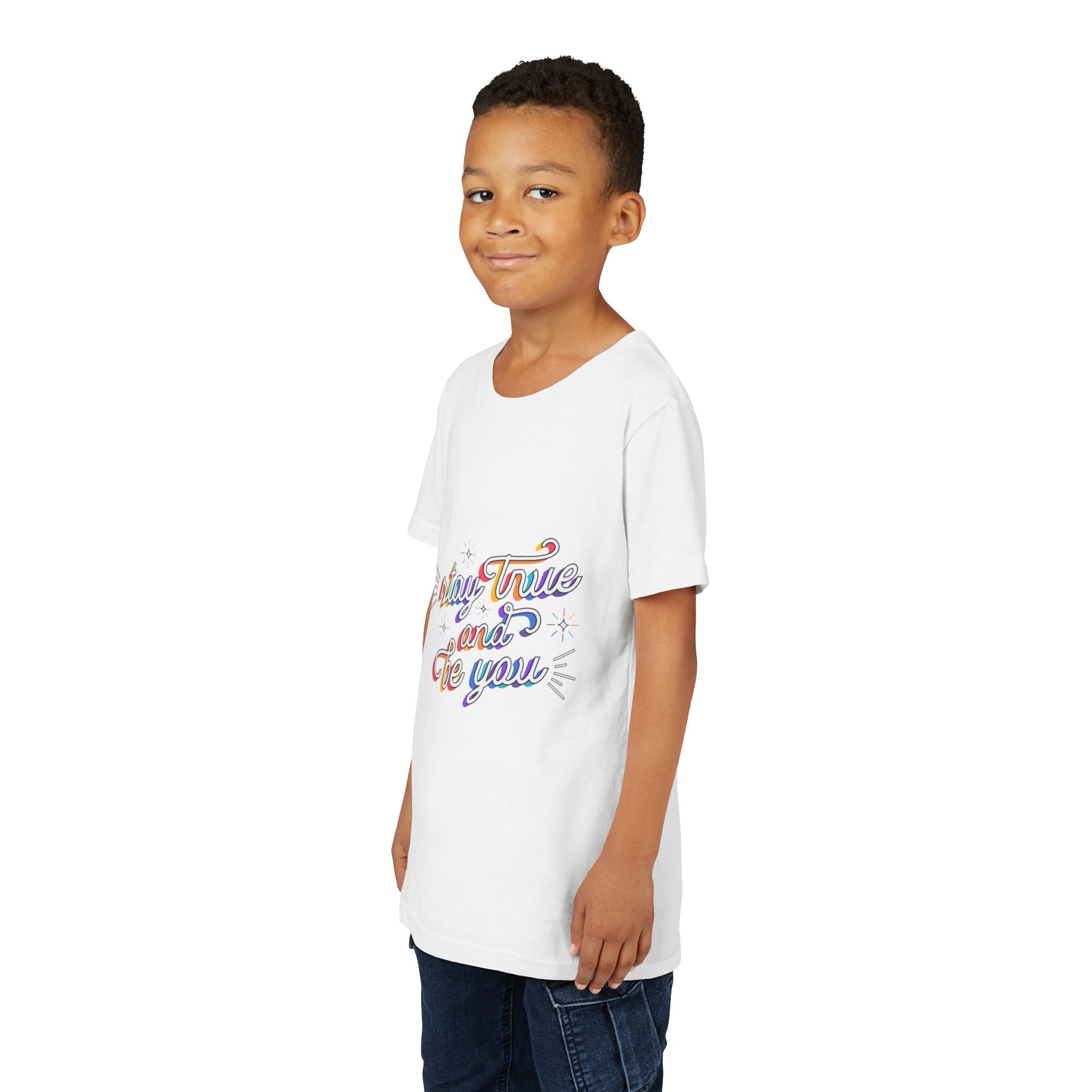 Youth Tee — "Stay True and Be You" Rainbow Script Kids T-Shirt