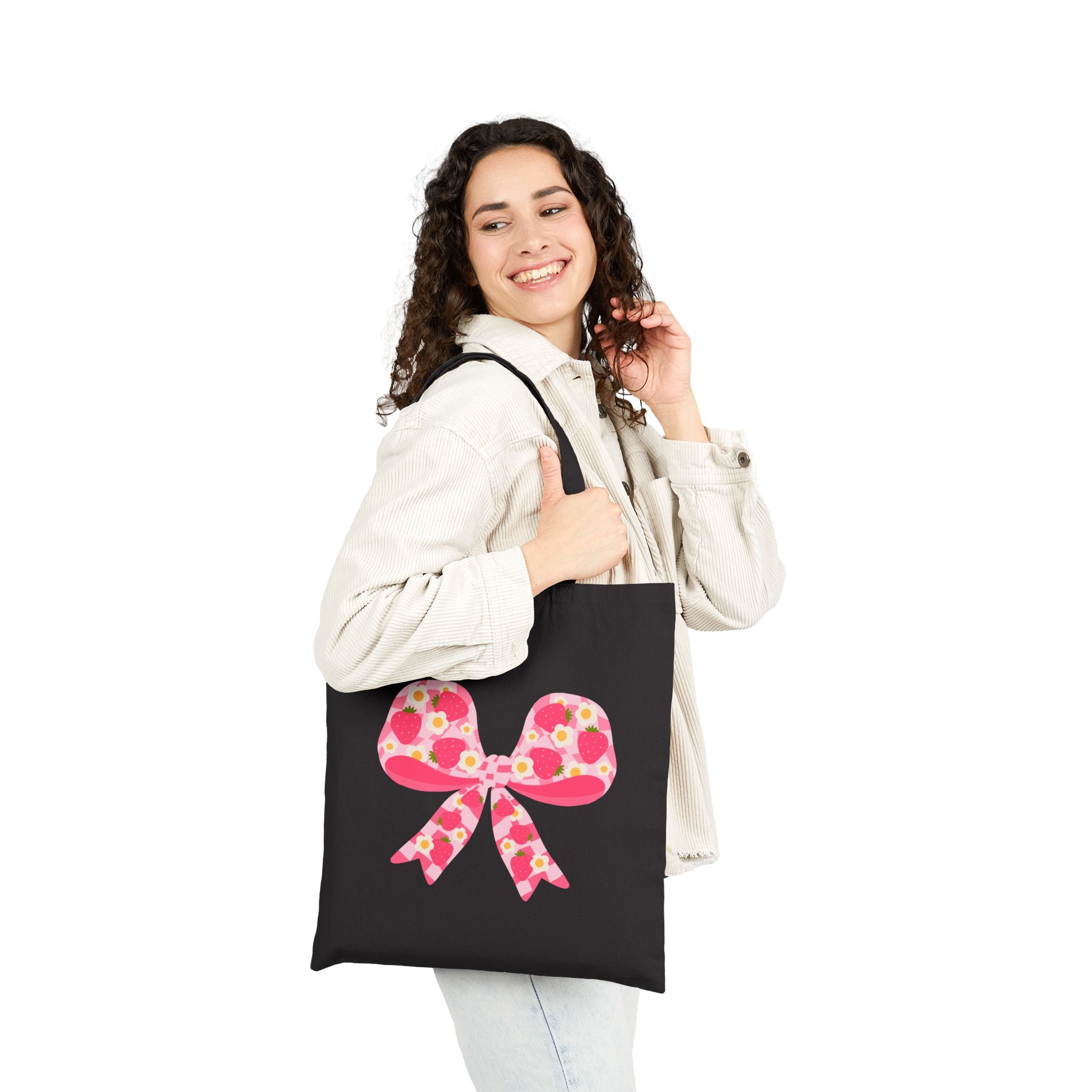 Floral Strawberry Bow Canvas Tote — Pink Flower Ribbon Strawberries