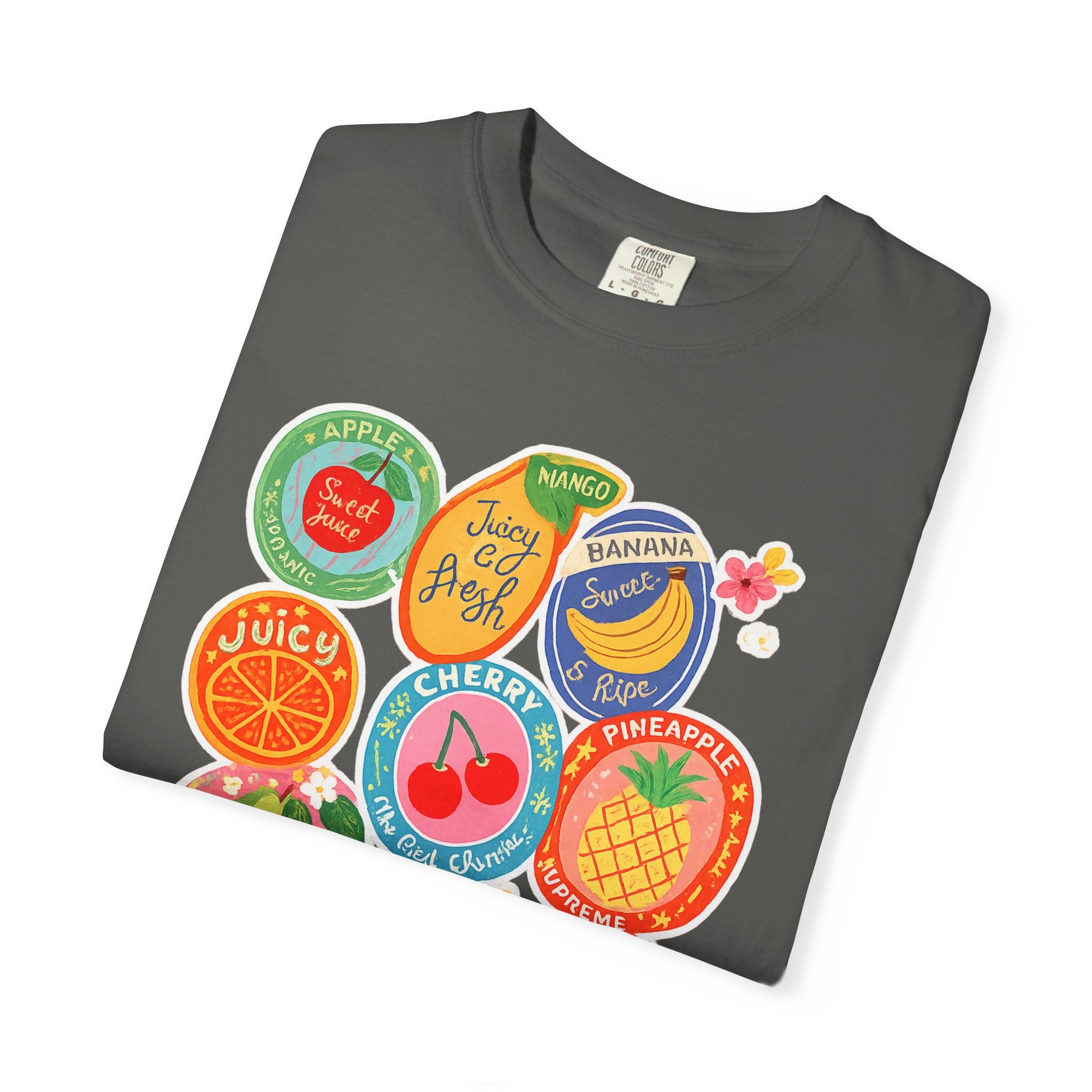 Fruit Sticker Patch T-Shirt — Juicy Retro Labels Graphic Tee