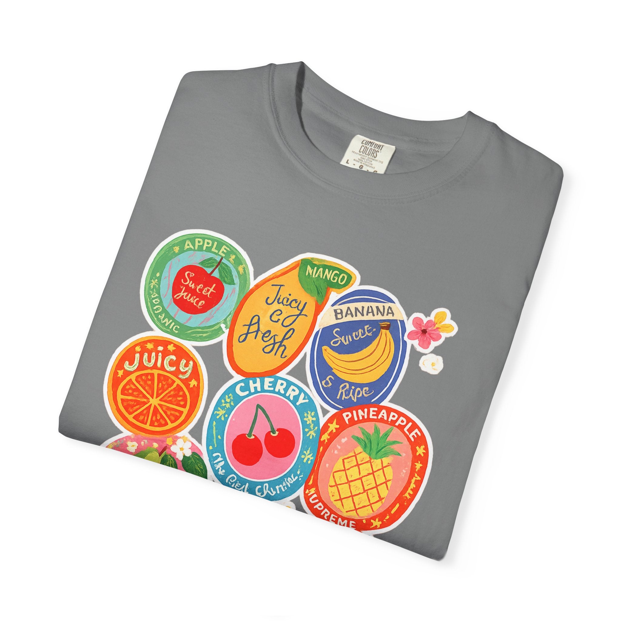 Fruit Sticker Patch T-Shirt — Juicy Retro Labels Graphic Tee