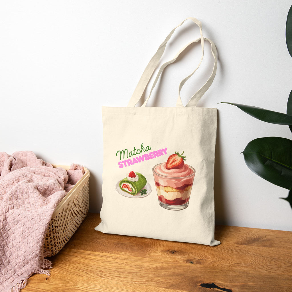 Matcha & Strawberry Desert Printed Tote Bag — Cute Delicious Desserts Printed Canvas Shopper