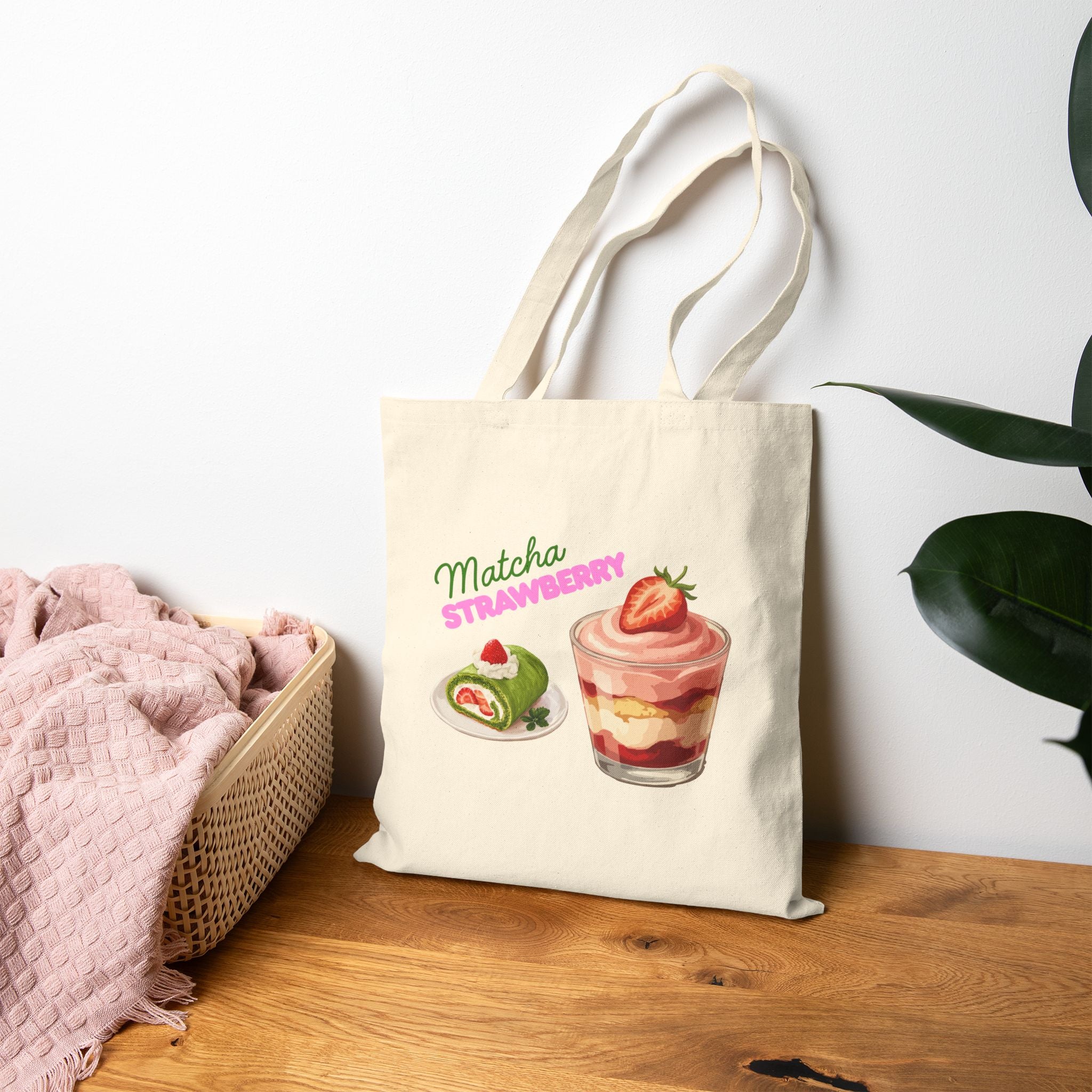 Matcha & Strawberry Desert Printed Tote Bag — Cute Delicious Desserts Printed Canvas Shopper
