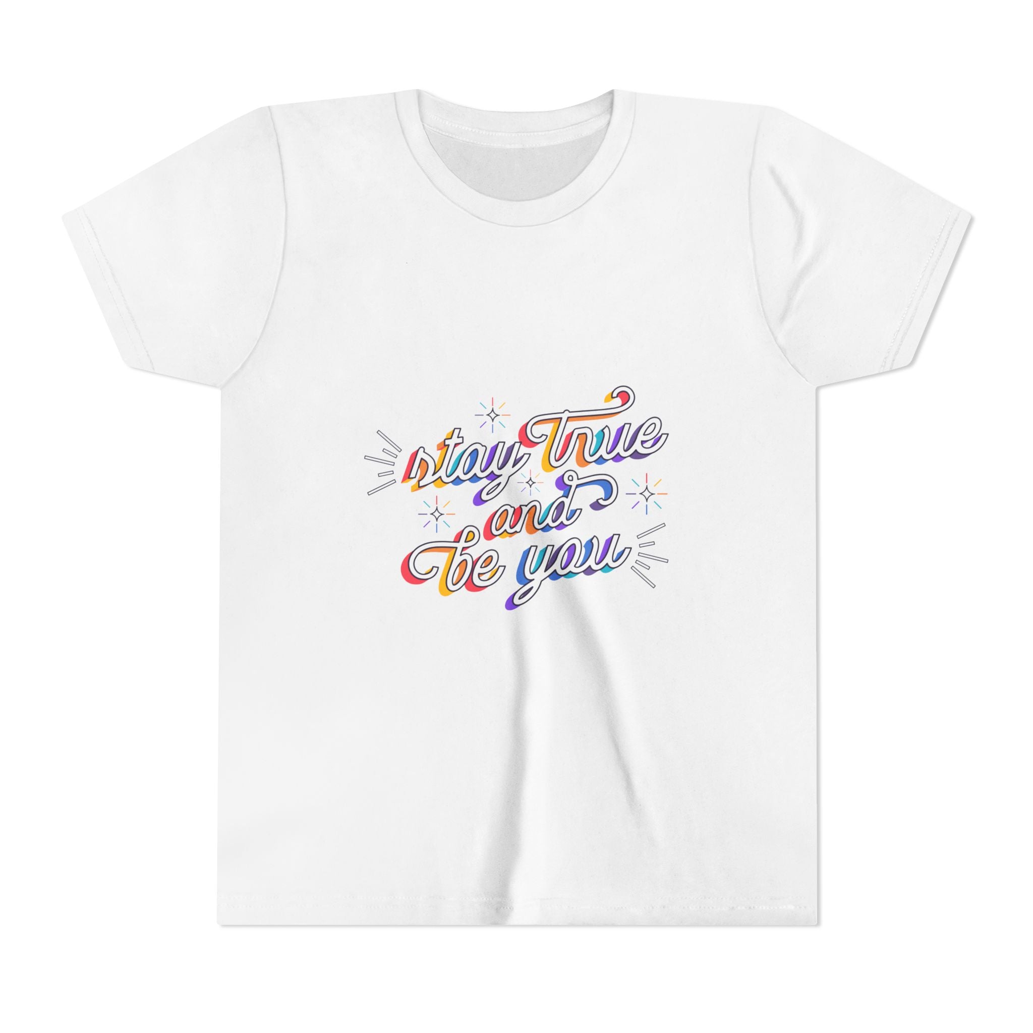 Youth Tee — "Stay True and Be You" Rainbow Script Kids T-Shirt