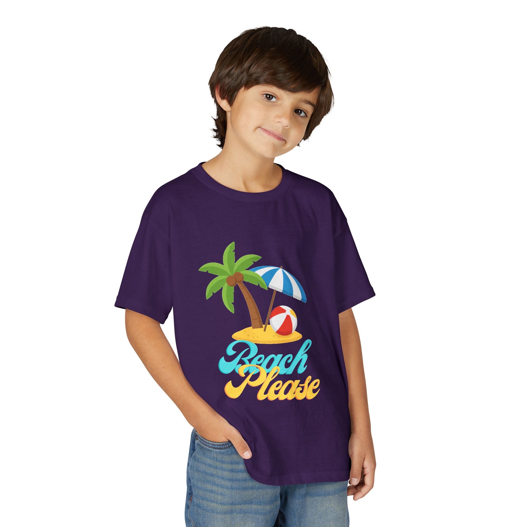 Youth Beach Please T-Shirt — Kids Summer Palm Tree & Umbrella Tee