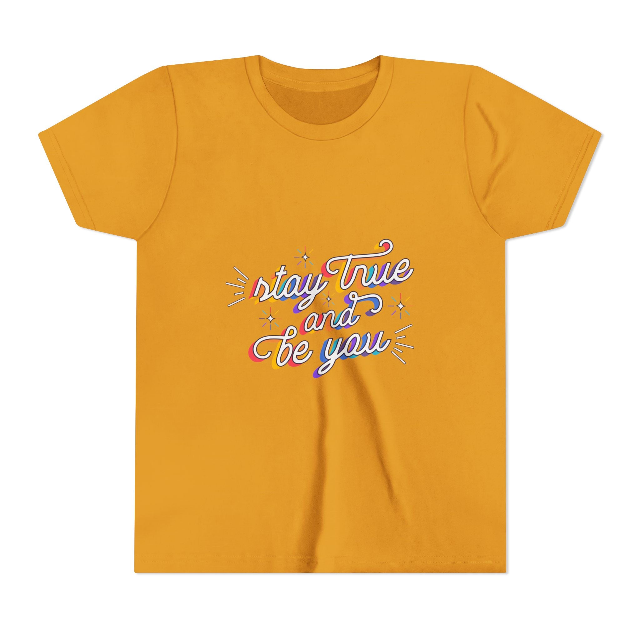 Youth Tee — "Stay True and Be You" Rainbow Script Kids T-Shirt
