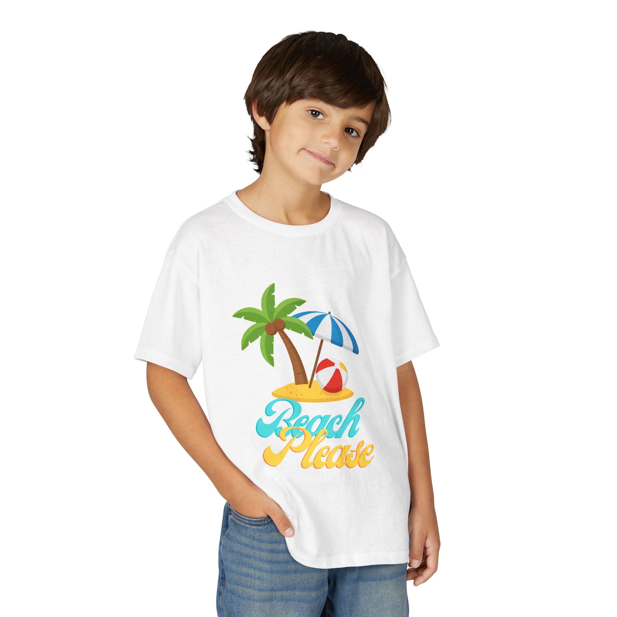 Youth Beach Please T-Shirt — Kids Summer Palm Tree & Umbrella Tee
