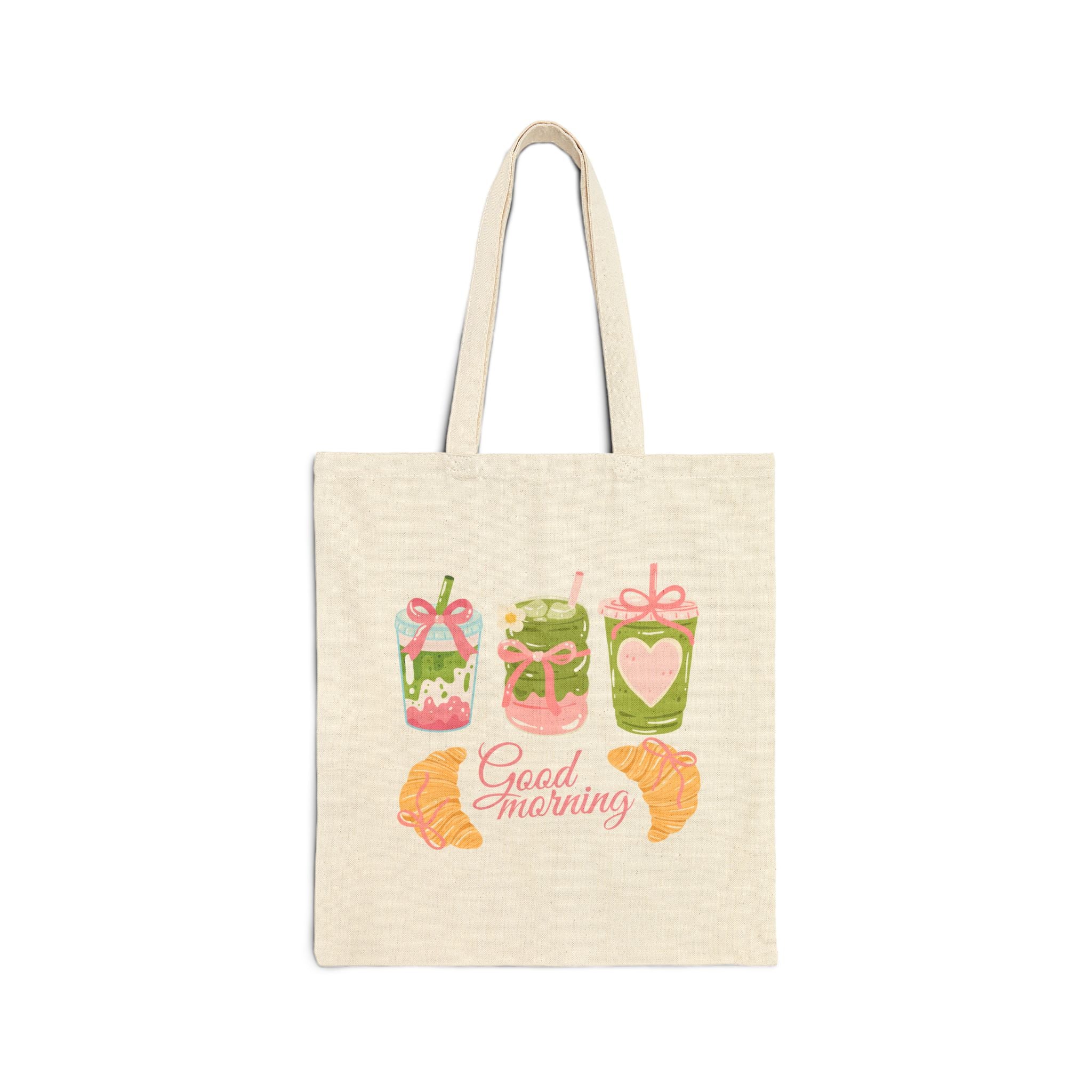 Strawberry and Matcha Pasteries Tote Bag — 'Good Morning' Breakfast Illustration Canvas Tote