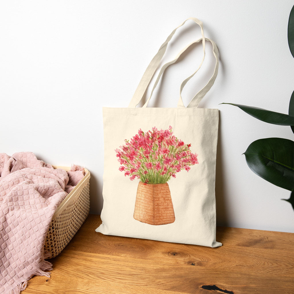 Floral Basket Tote Bag — Pink Wildflower Cotton Canvas Tote