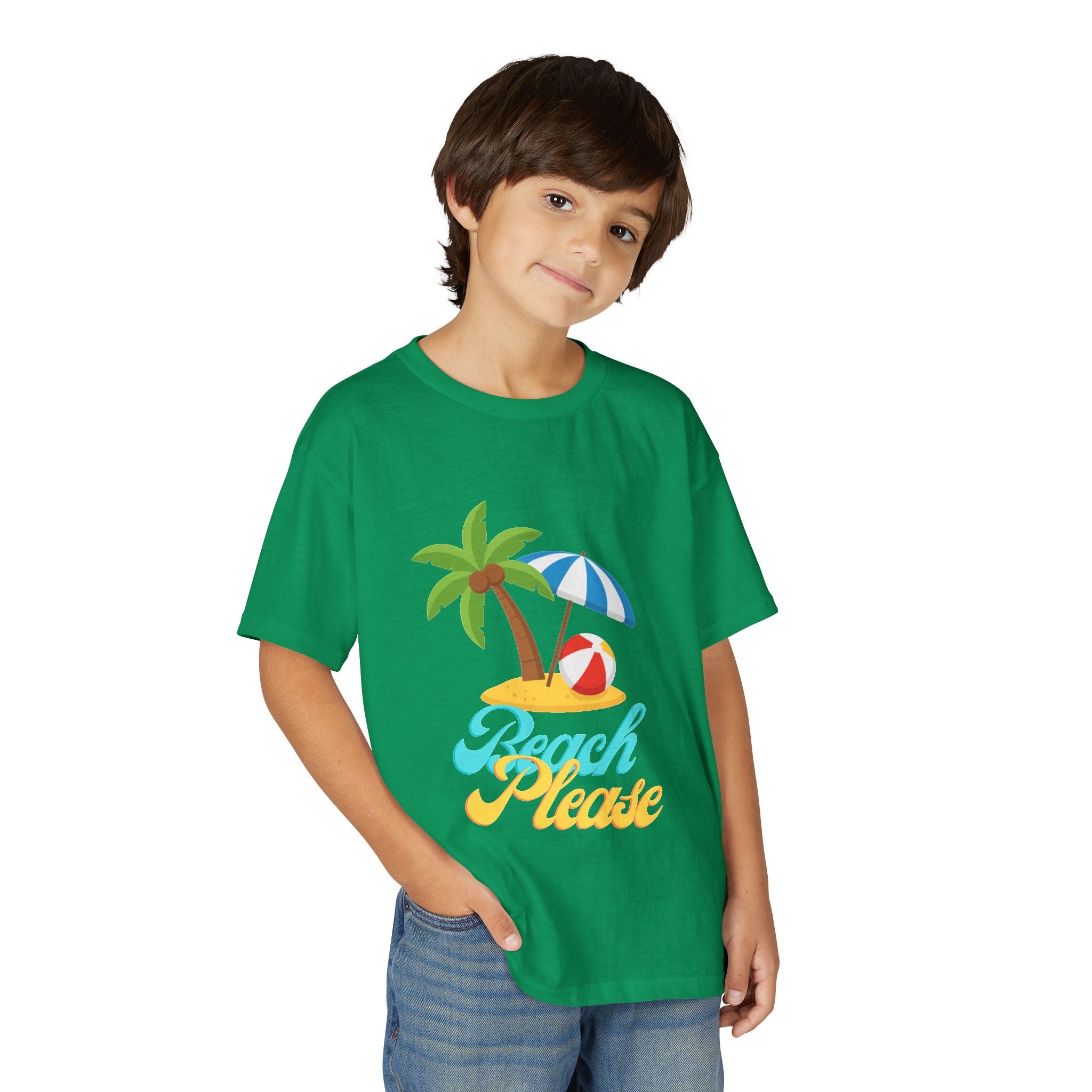 Youth Beach Please T-Shirt — Kids Summer Palm Tree & Umbrella Tee