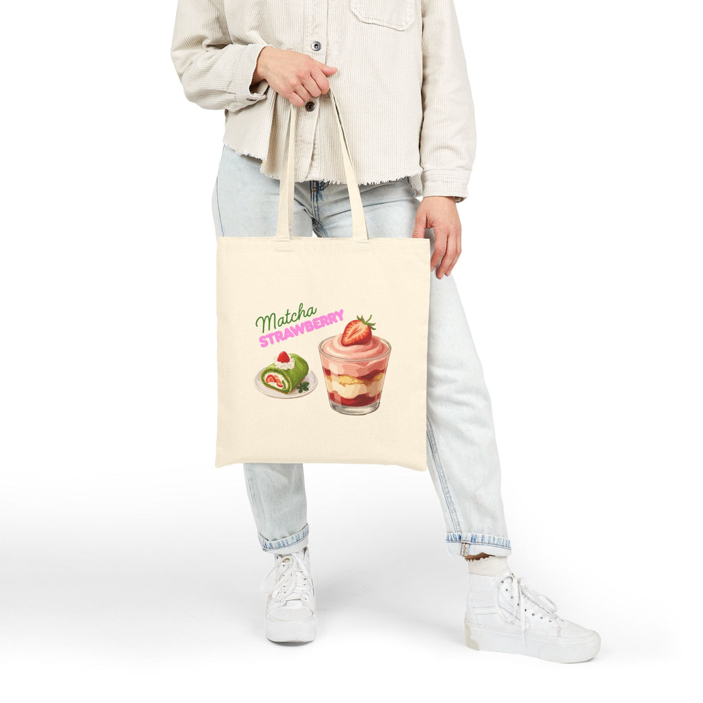 Matcha & Strawberry Desert Printed Tote Bag — Cute Delicious Desserts Printed Canvas Shopper