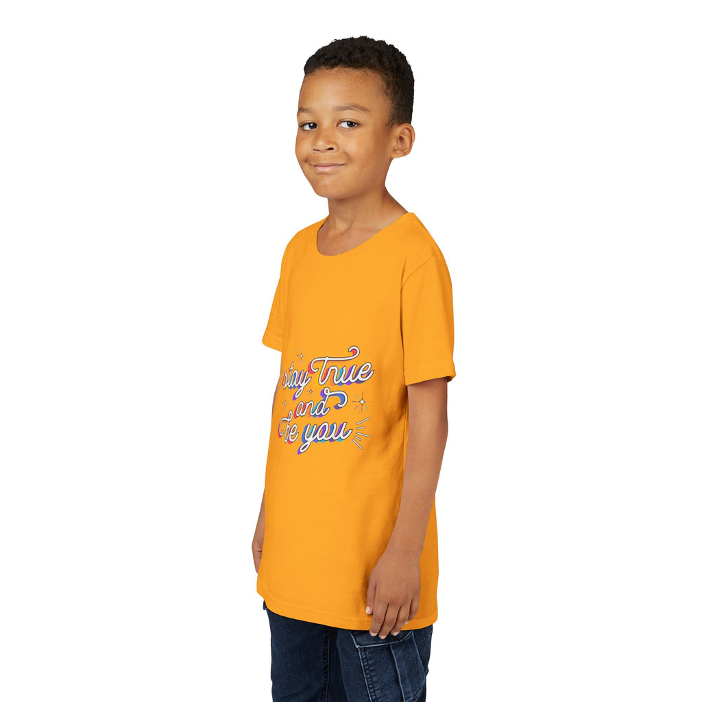 Youth Tee — "Stay True and Be You" Rainbow Script Kids T-Shirt