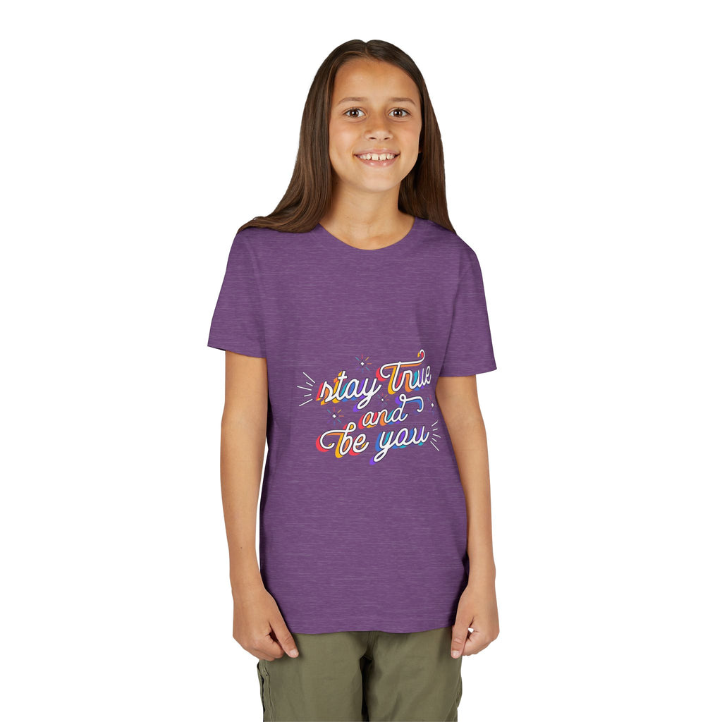 Youth Tee — "Stay True and Be You" Rainbow Script Kids T-Shirt
