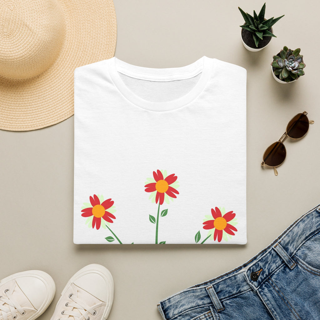 Floral Daisies Graphic T-Shirt — Red & Yellow Bloom Tee
