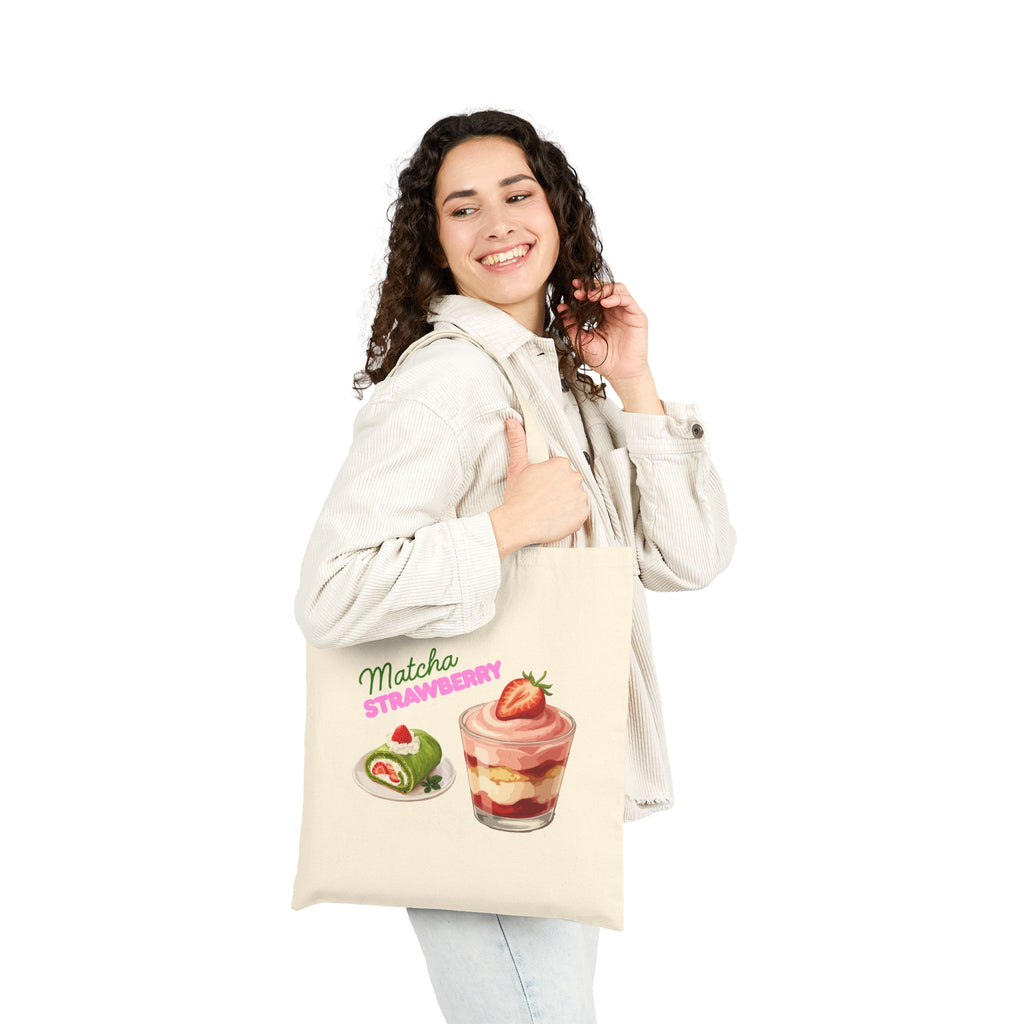 Matcha & Strawberry Desert Printed Tote Bag — Cute Delicious Desserts Printed Canvas Shopper