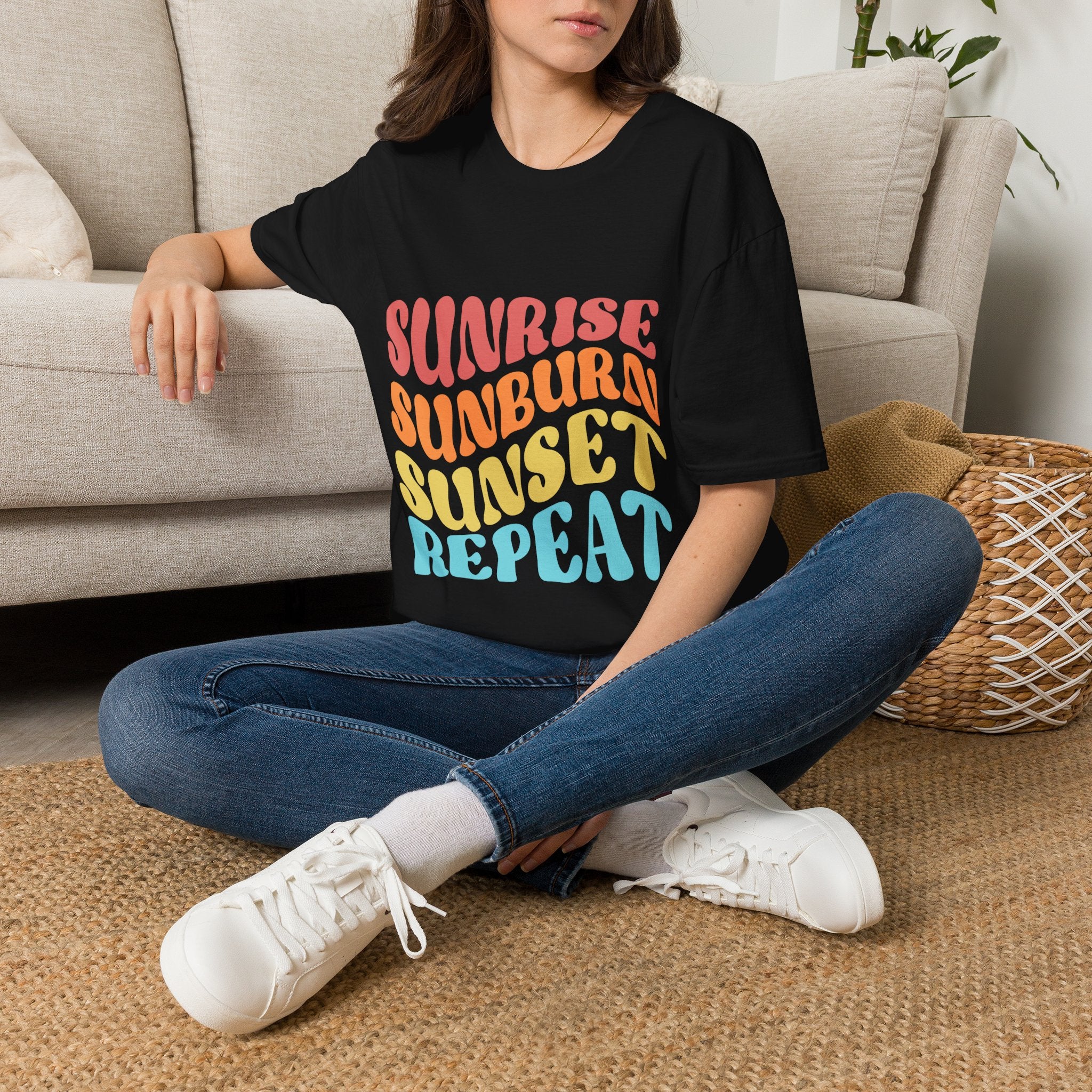 Sunrise Sunburn Sunset Repeat Text Printed T-Shirt