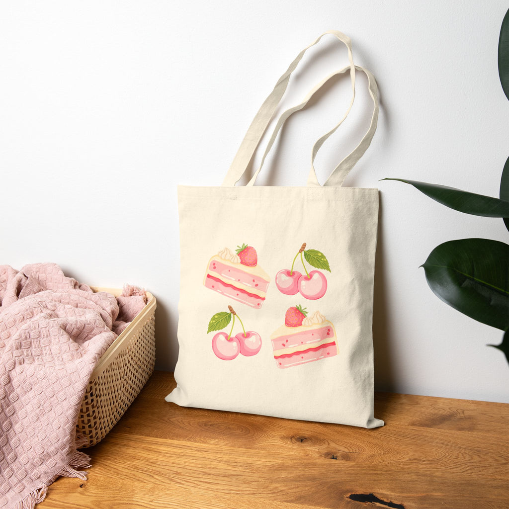 Strawberry Cherry Cake Canvas Tote Bag — Cute Dessert Grocery Tote