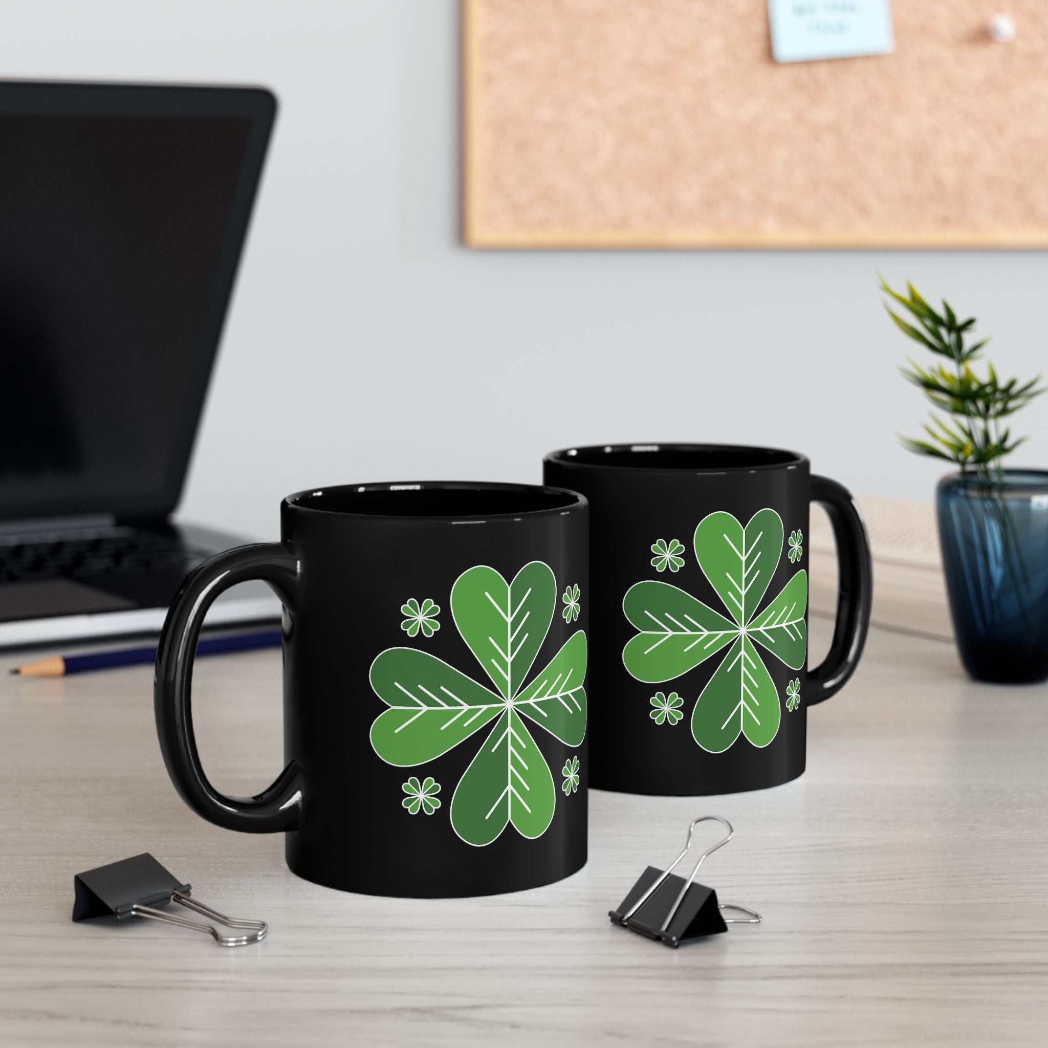 St. Patrick’s Day Green Four-Leaf Clover Mug — Lucky Shamrock Coffee Cup (11oz/15oz)