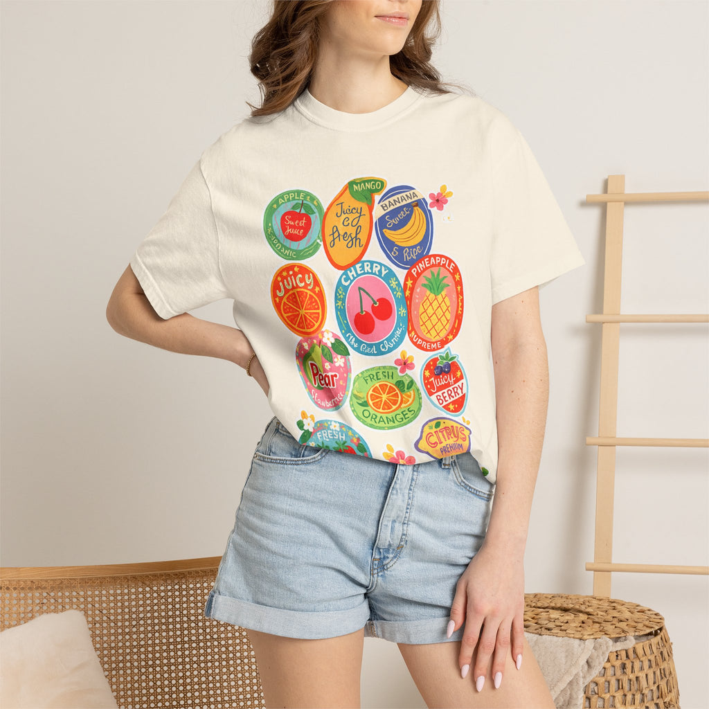 Fruit Sticker Patch T-Shirt — Juicy Retro Labels Graphic Tee