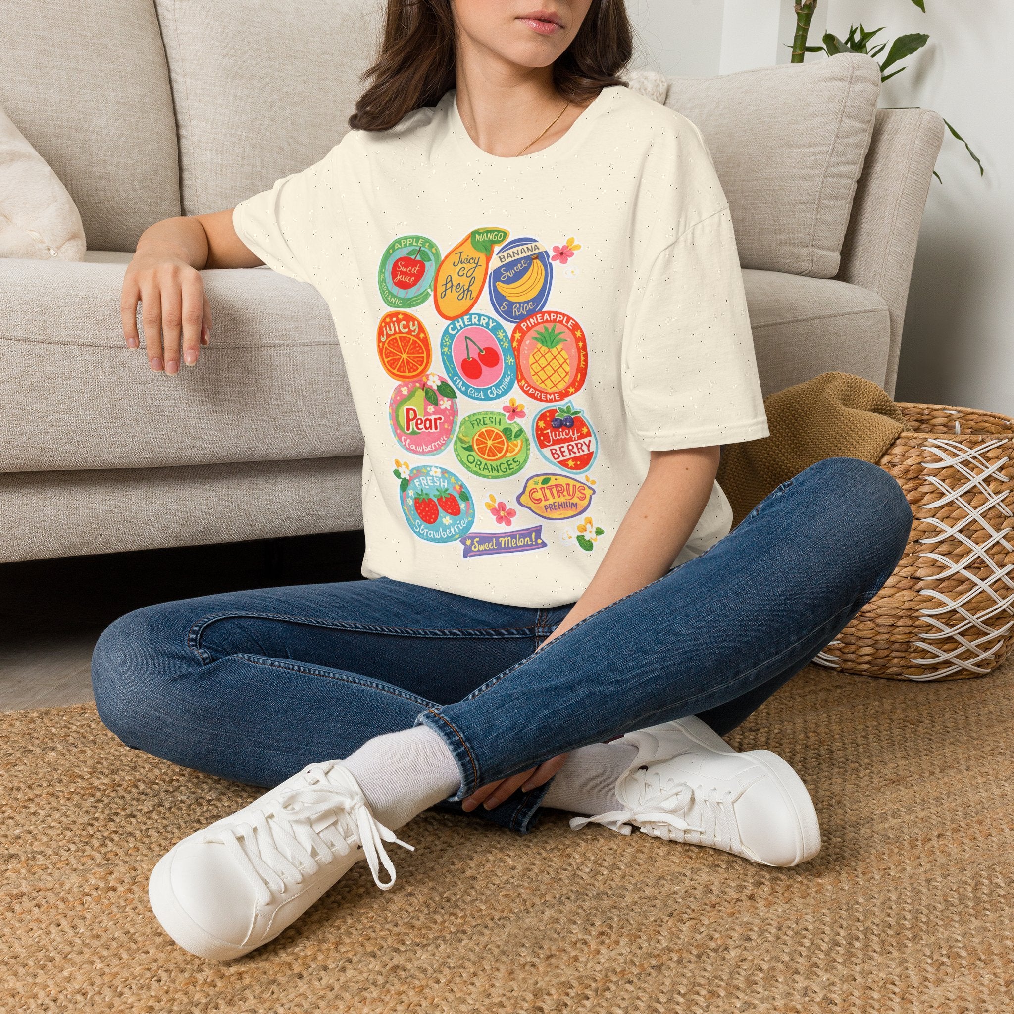 Fruit Label Graphic T-Shirt — Vintage Tropical Citrus Badges Tee