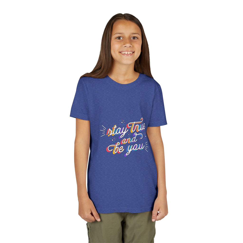 Youth Tee — "Stay True and Be You" Rainbow Script Kids T-Shirt