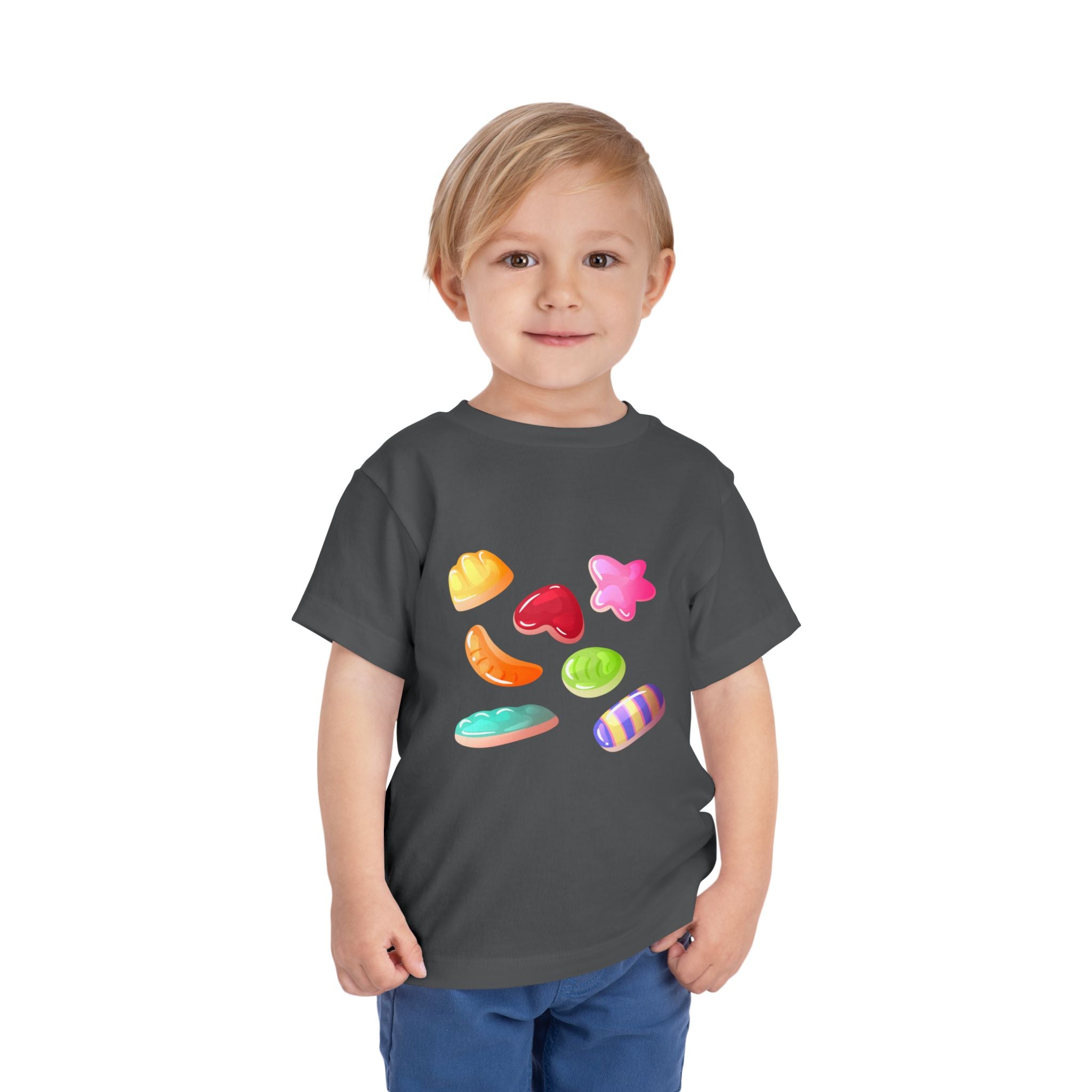 Toddler Candy Shapes Tee — Colorful Candy Heart Star Graphic Shirt for Kids