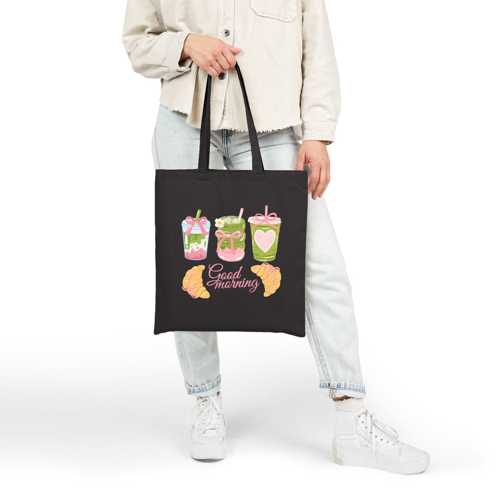 Strawberry and Matcha Pasteries Tote Bag — 'Good Morning' Breakfast Illustration Canvas Tote