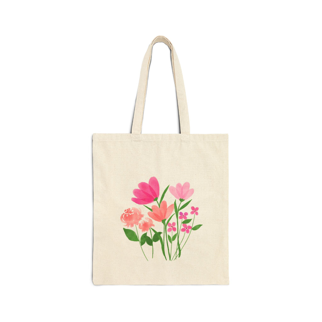Floral Bouquet Canvas Tote Bag — Pink Watercolor Flowers Reusable Grocery Tote