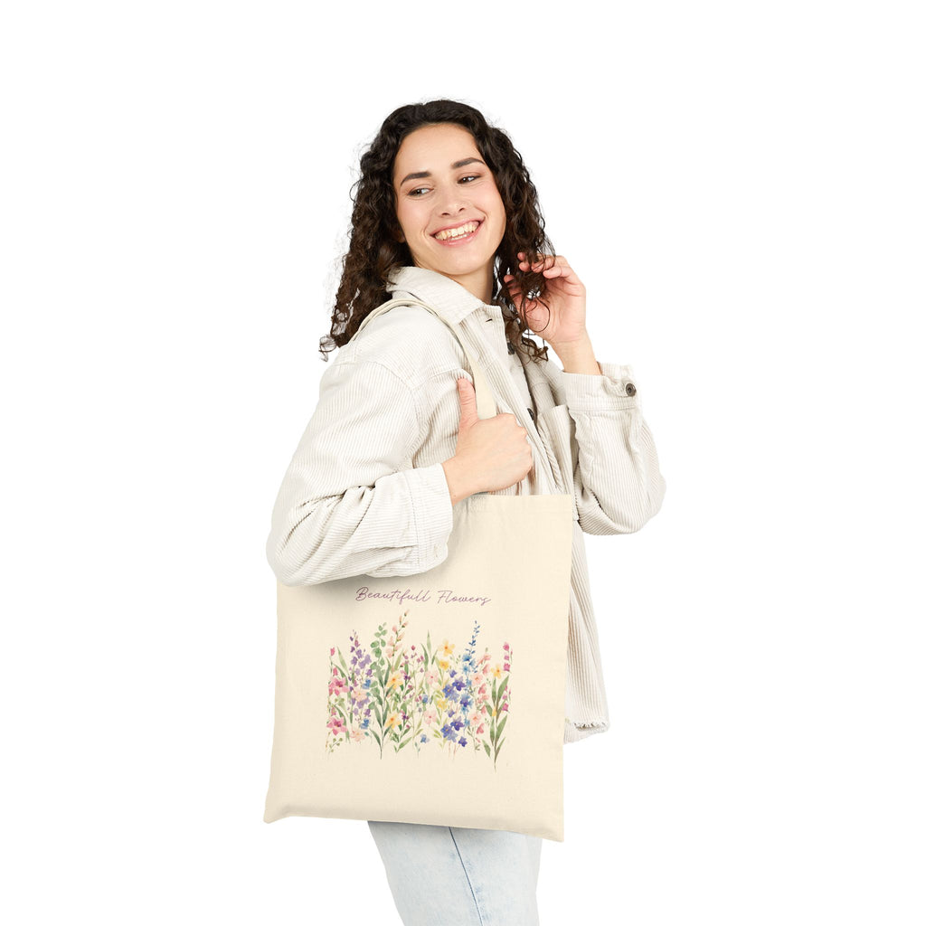Floral Wildflower Cotton Tote Bag – “Grateful for Flowers” Eco Market Bag