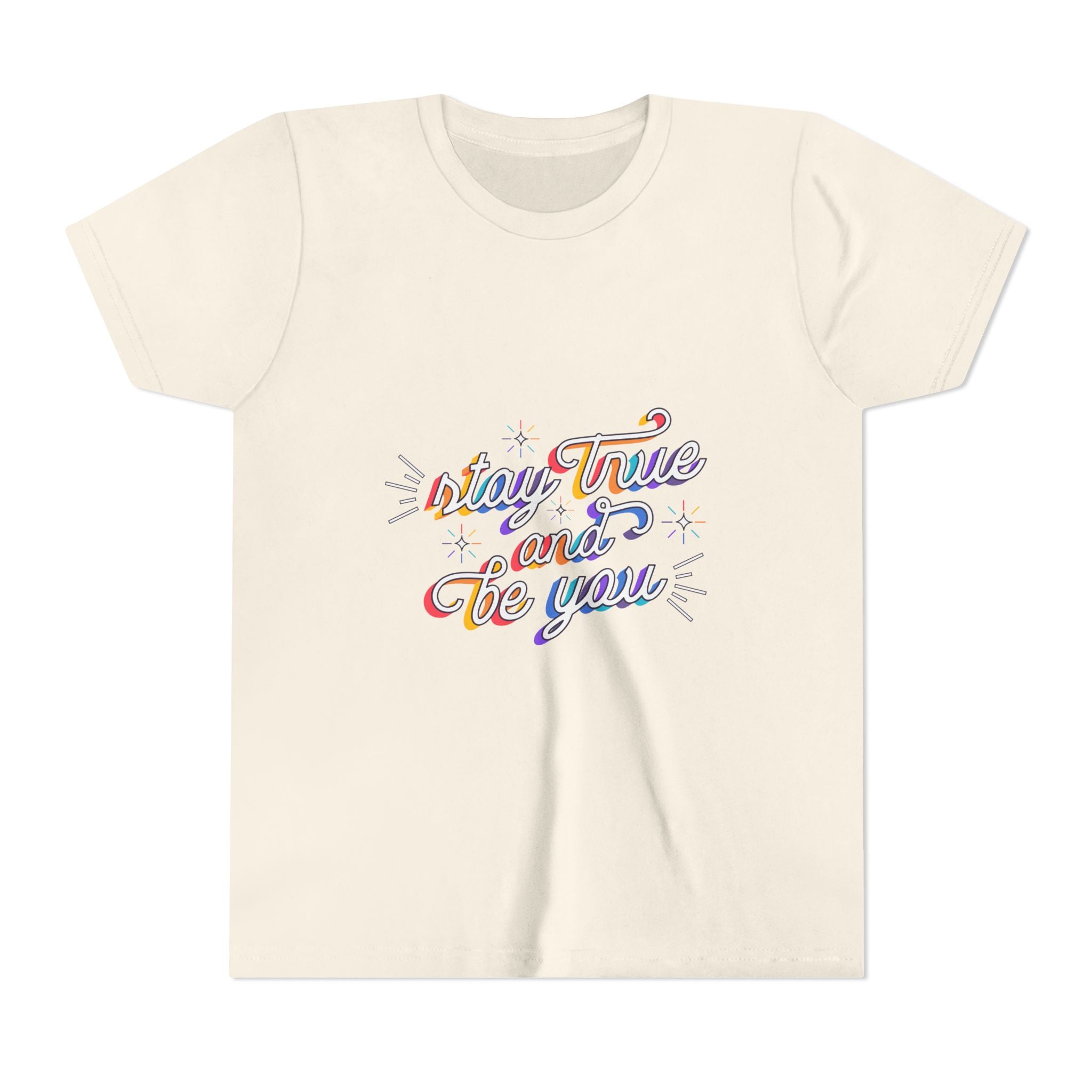 Youth Tee — "Stay True and Be You" Rainbow Script Kids T-Shirt