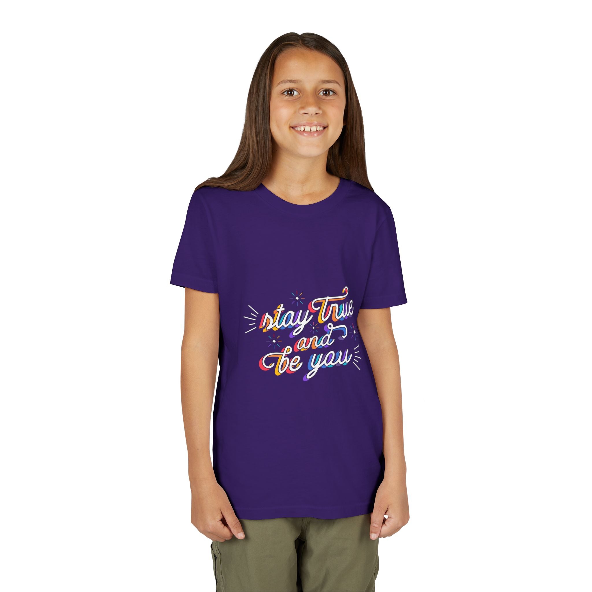 Youth Tee — "Stay True and Be You" Rainbow Script Kids T-Shirt