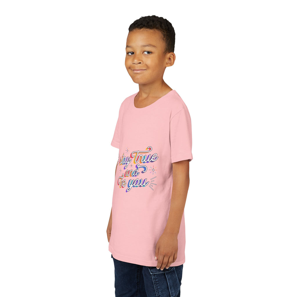 Youth Tee — "Stay True and Be You" Rainbow Script Kids T-Shirt