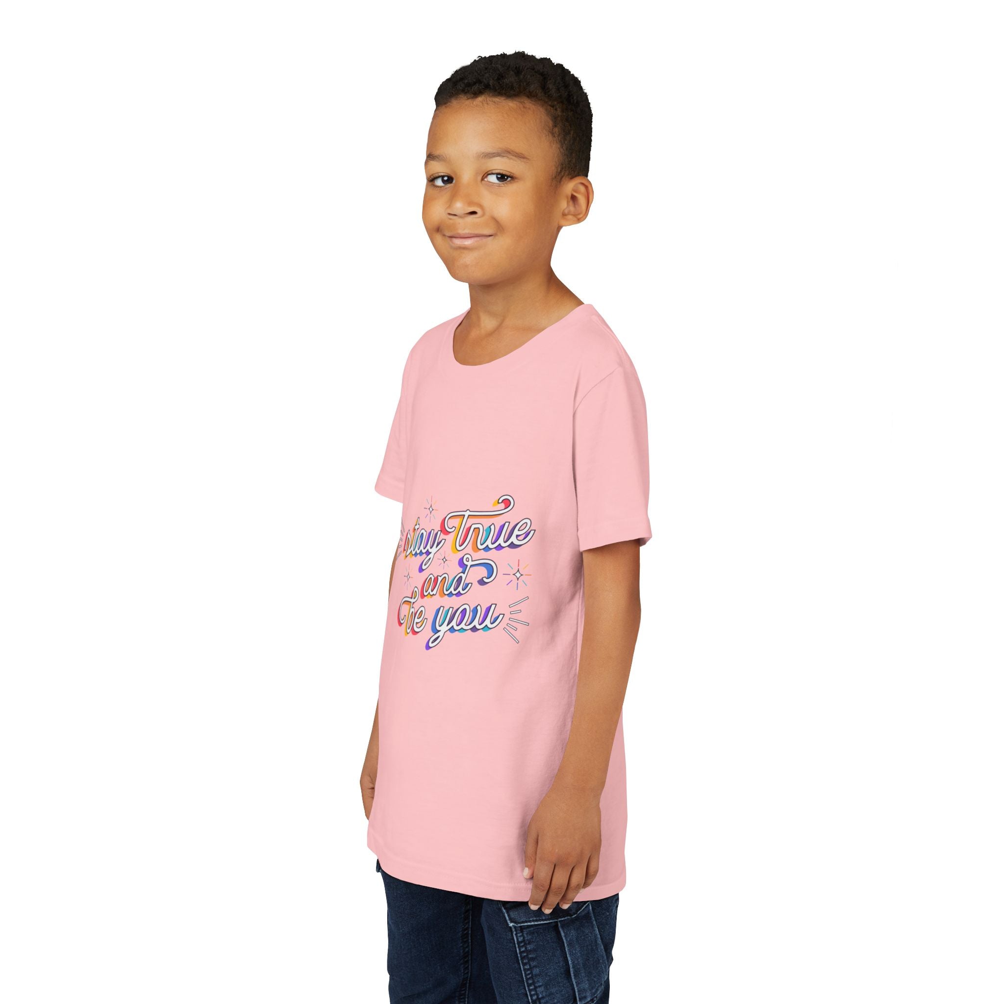 Youth Tee — "Stay True and Be You" Rainbow Script Kids T-Shirt