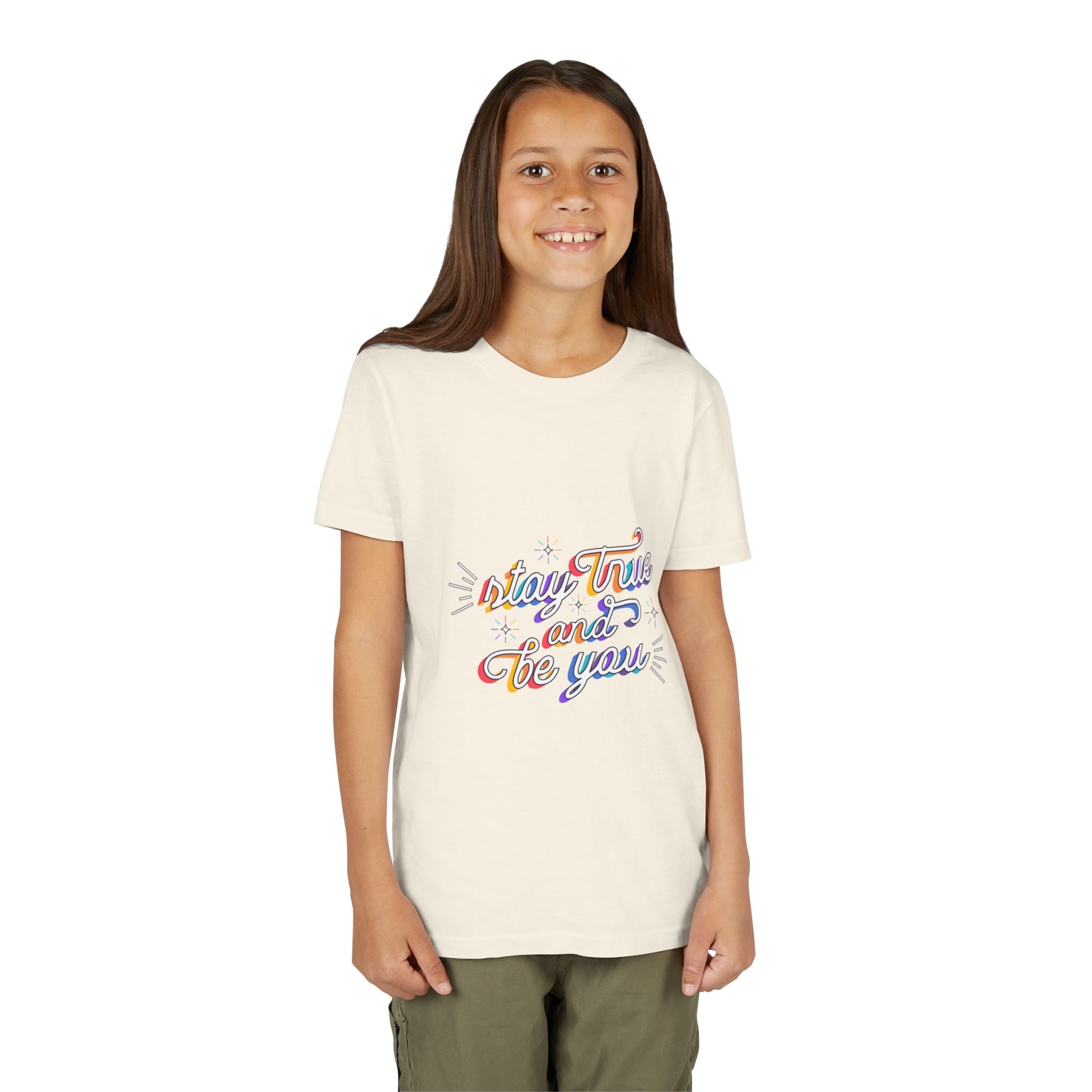Youth Tee — "Stay True and Be You" Rainbow Script Kids T-Shirt