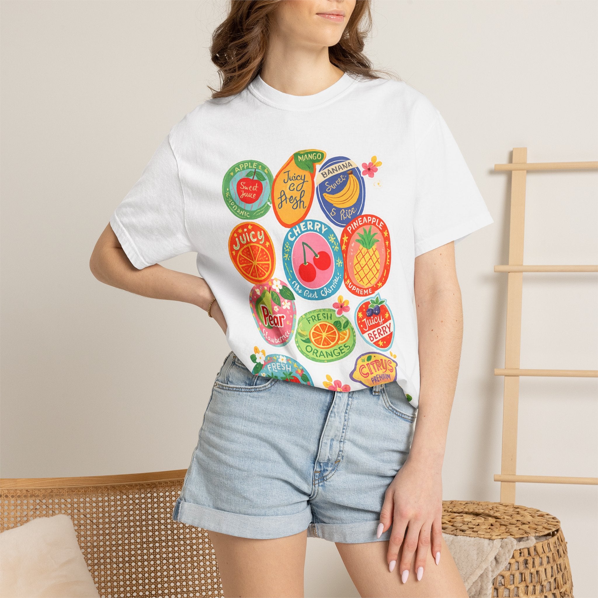 Fruit Sticker Patch T-Shirt — Juicy Retro Labels Graphic Tee