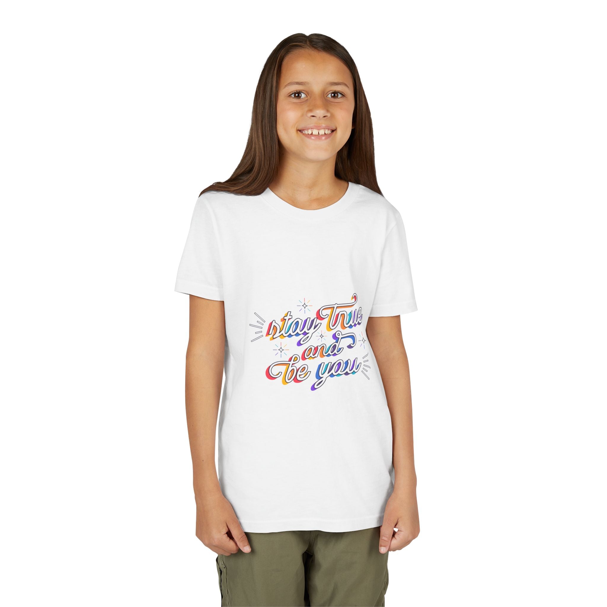 Youth Tee — "Stay True and Be You" Rainbow Script Kids T-Shirt