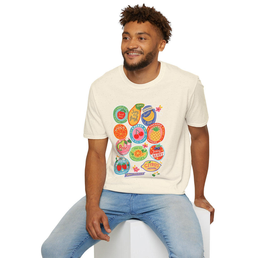 Fruit Label Graphic T-Shirt — Vintage Tropical Citrus Badges Tee