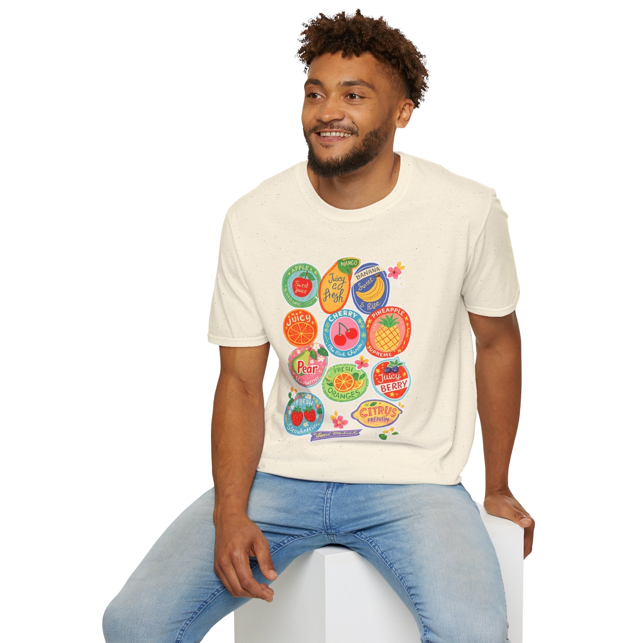 Fruit Label Graphic T-Shirt — Vintage Tropical Citrus Badges Tee
