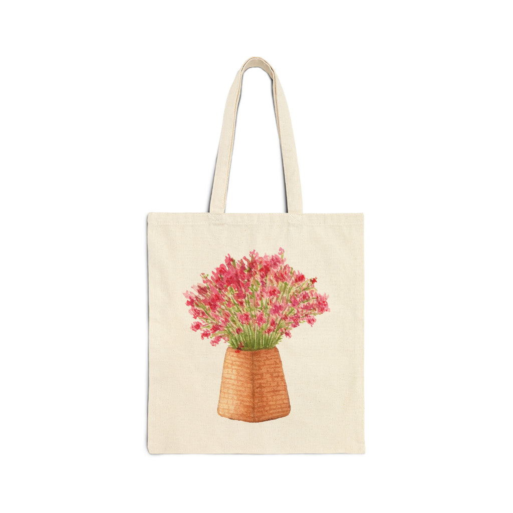 Floral Basket Tote Bag — Pink Wildflower Cotton Canvas Tote