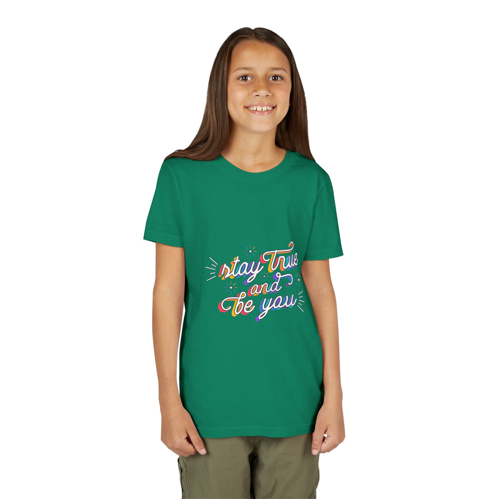 Youth Tee — "Stay True and Be You" Rainbow Script Kids T-Shirt