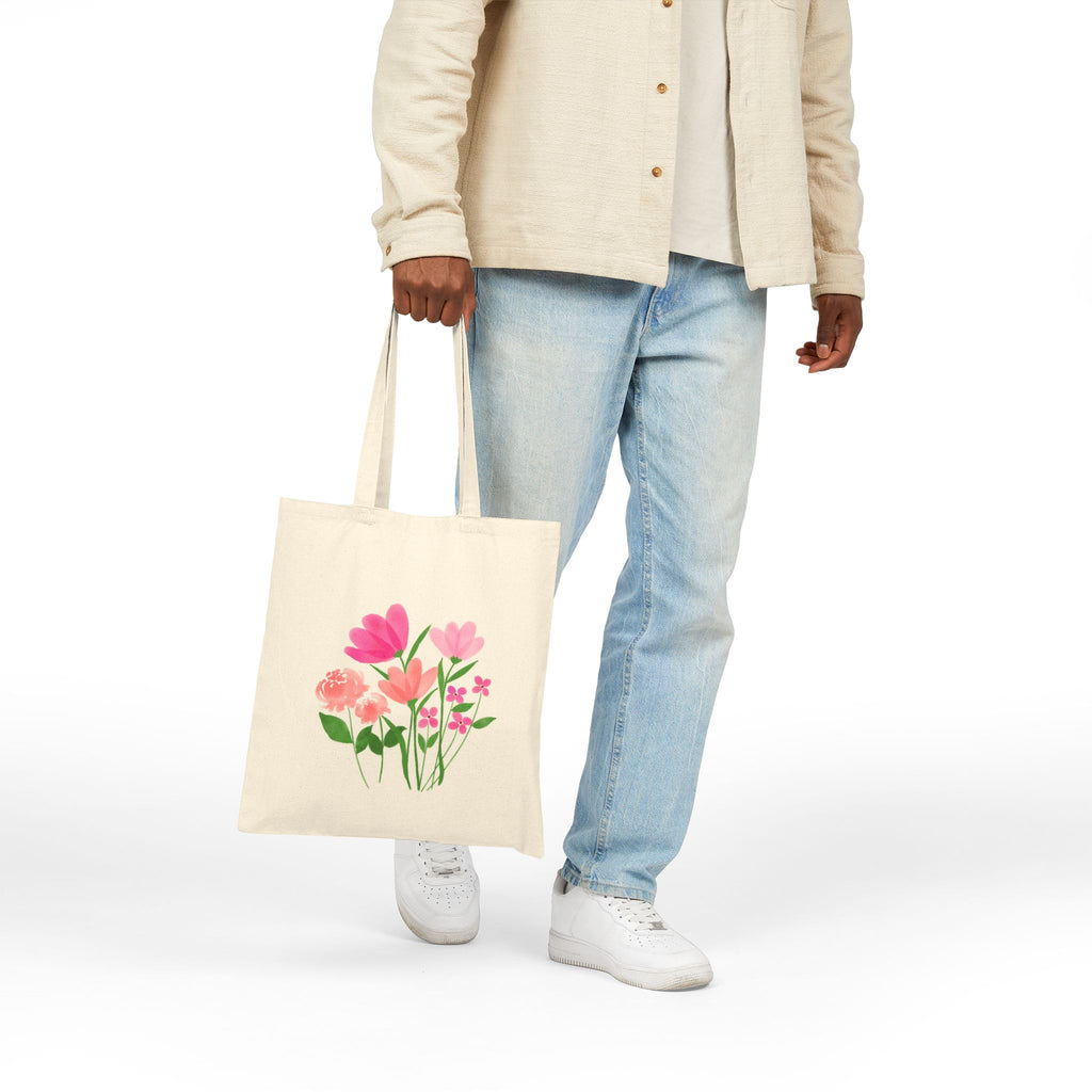 Floral Bouquet Canvas Tote Bag — Pink Watercolor Flowers Reusable Grocery Tote