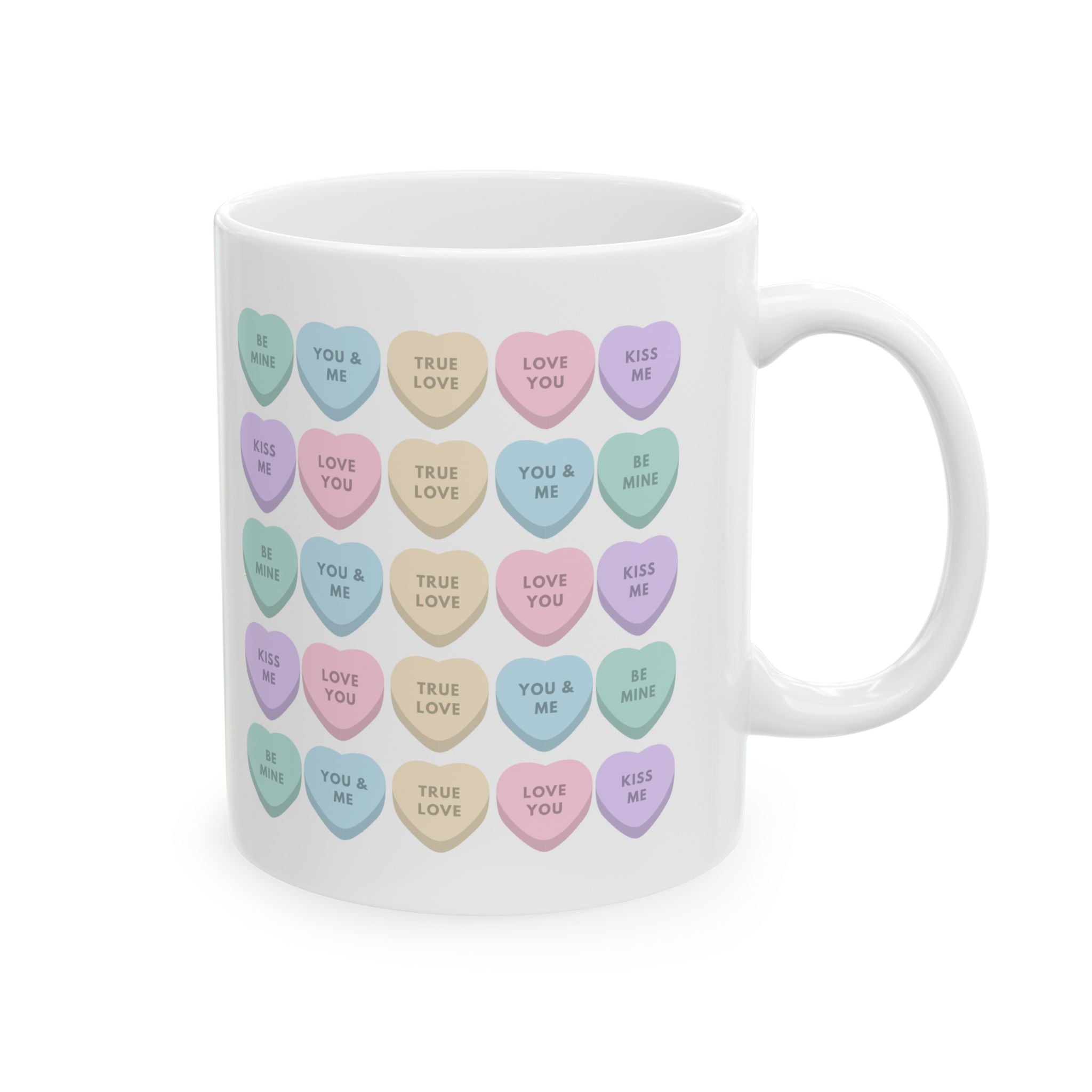 Candy Heart Ceramic Mug — Pastel 'Kiss Me' Conversation Hearts Coffee Cup (11oz & 15oz)