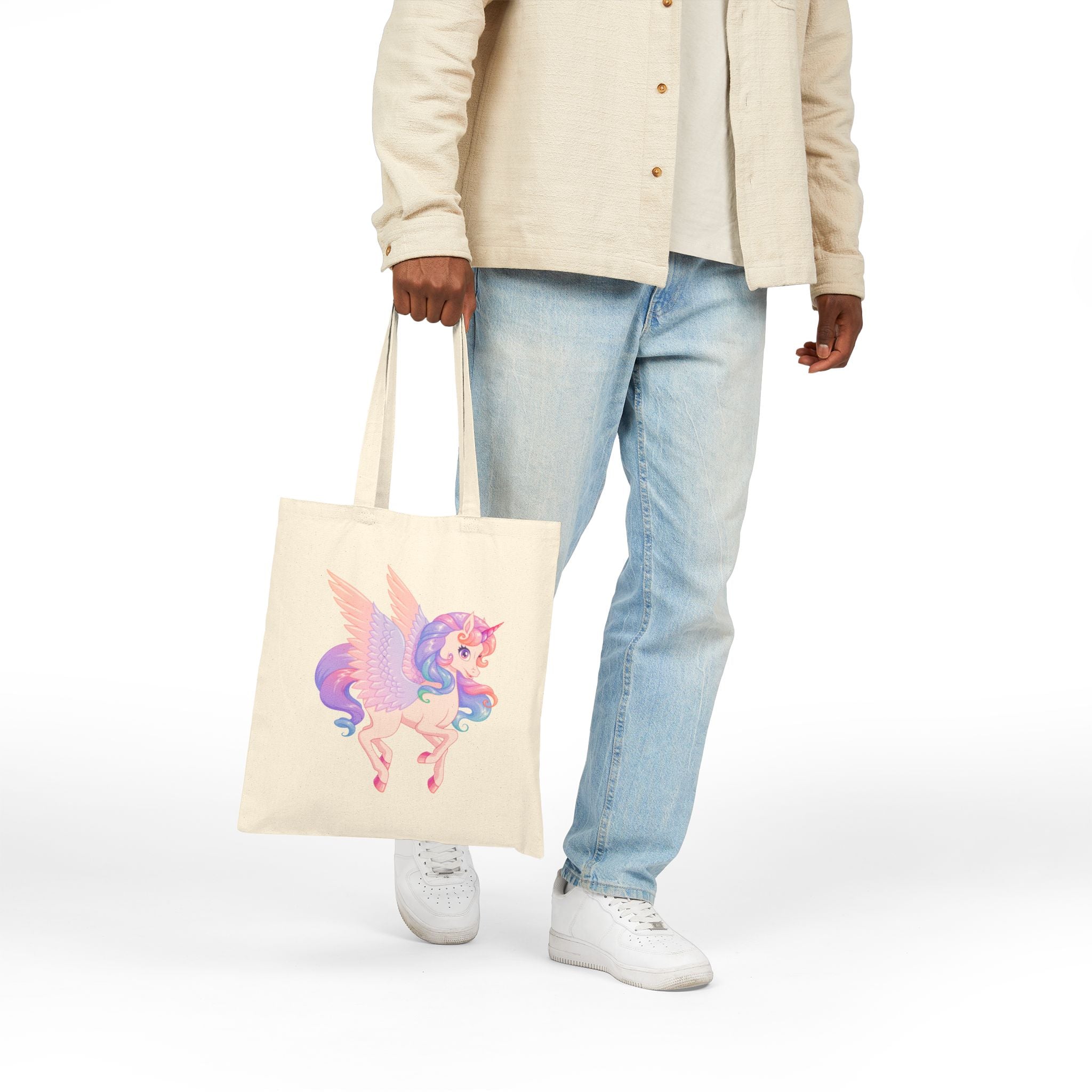 Magical Unicorn Pegasus Canvas Tote Bag — Pastel Rainbow Winged Horse Cotton Shopper