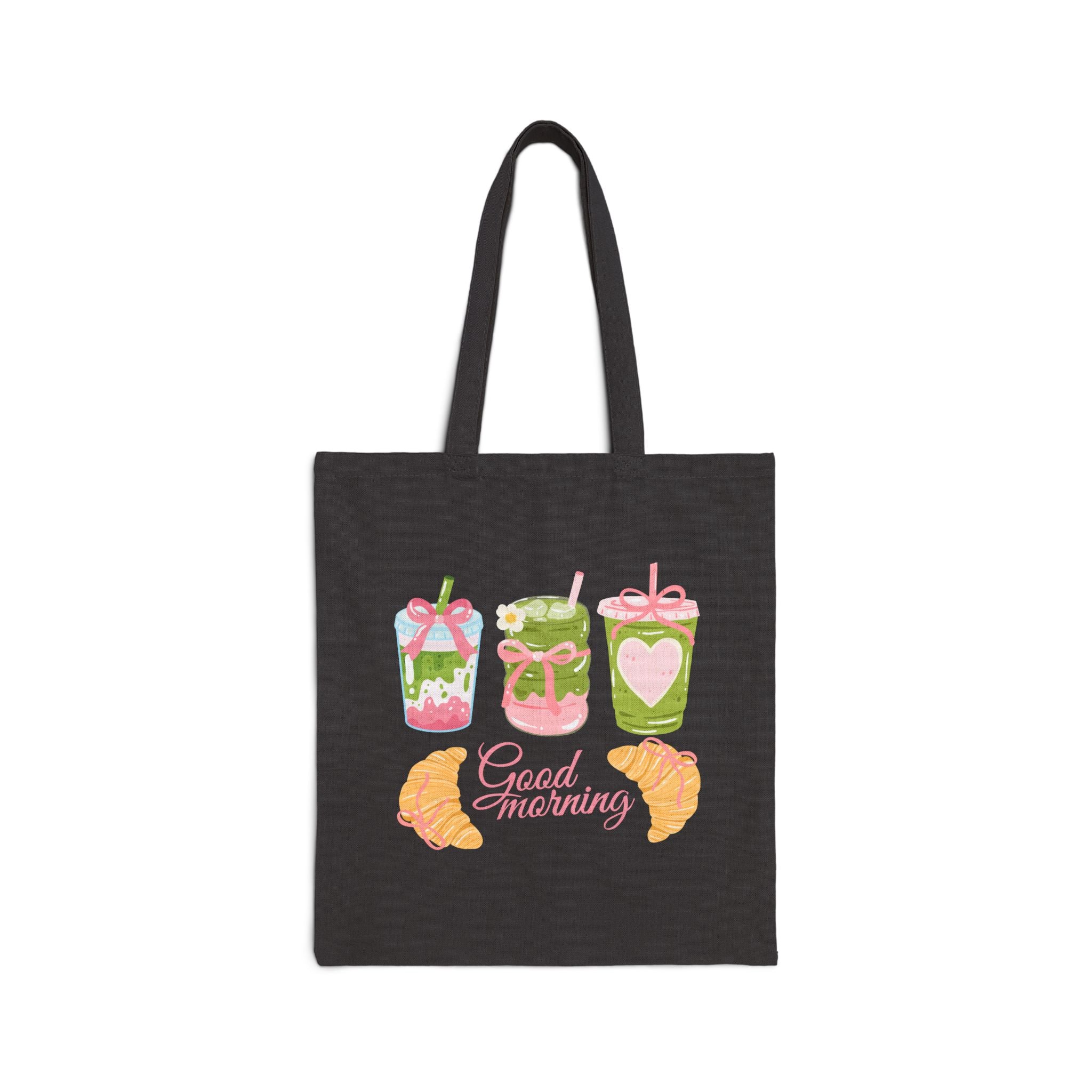 Strawberry and Matcha Pasteries Tote Bag — 'Good Morning' Breakfast Illustration Canvas Tote