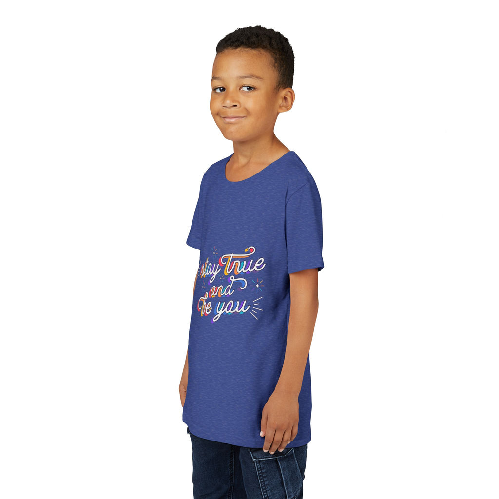 Youth Tee — "Stay True and Be You" Rainbow Script Kids T-Shirt